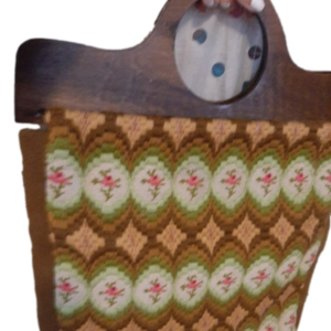 1960s 1970s Large Vintage Boho Woven Wool Rose Pattern Tote Bag with Wooden Hand